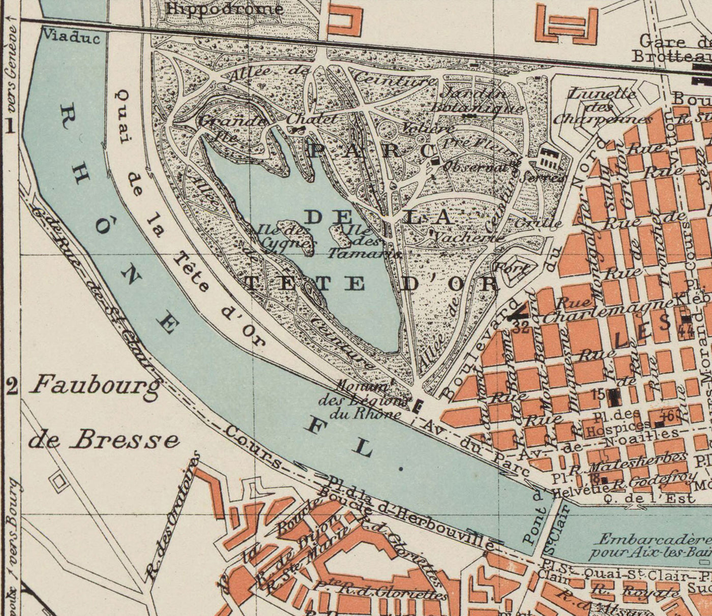 Mapa antiguo de Lyon, Francia en 1888 por Louis-Francois - La Basilique Notre Dame, Río Rhone, Saone, Parc de la Tete d'Or, Place des Terreaux