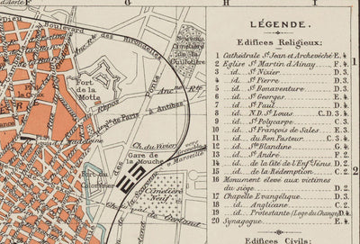 Mapa antiguo de Lyon, Francia en 1888 por Louis-Francois - La Basilique Notre Dame, Río Rhone, Saone, Parc de la Tete d'Or, Place des Terreaux