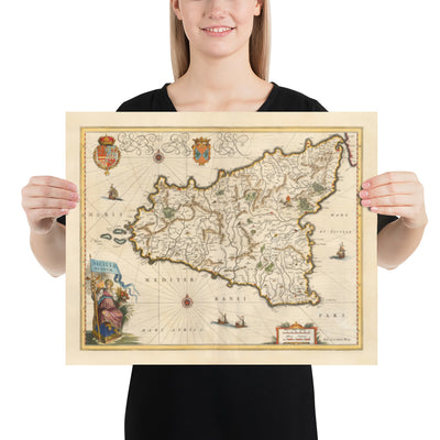 Ancienne carte de la Sicile en 1640 par Willem Blaeu - Palerme, Catane, Marsala, Méditerranée, Messine