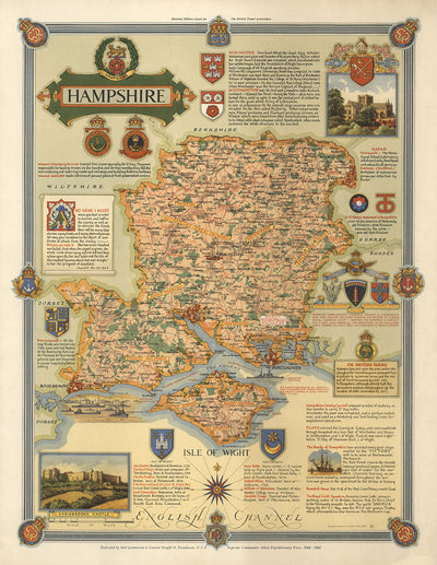 Ancienne carte du Hampshire en 1947 par Ernest Clegg - Southampton, Isle of Wight, Portsmouth, Bournemouth, Winchester