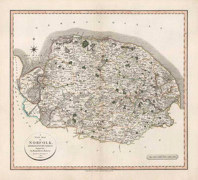 Ancienne carte du Norfolk en 1807 par John Cary - Norwich, Cromer, Great Yarmouth, Thetford, King's Lynn