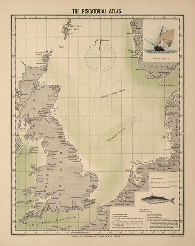 Antiguo mapa de la caballa del Mar del Norte, 1883 por O.T. Olsen - Pesca de la caballa, distribución, desove, etc.