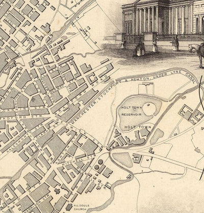 Mascarilla / Polaina para el cuello de Manchester con un mapa antiguo de Manchester y sus alrededores de John Rapkin, 1851