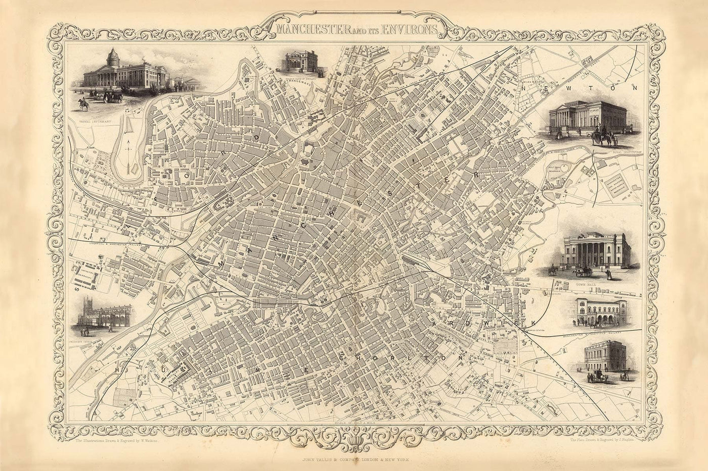 Mascarilla / Polaina para el cuello de Manchester con un mapa antiguo de Manchester y sus alrededores de John Rapkin, 1851