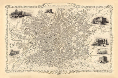 Antiguo mapa de Manchester y sus alrededores por John Rapkin, 1851 - Ayuntamiento, Royal Infirmary, estaciones de tren