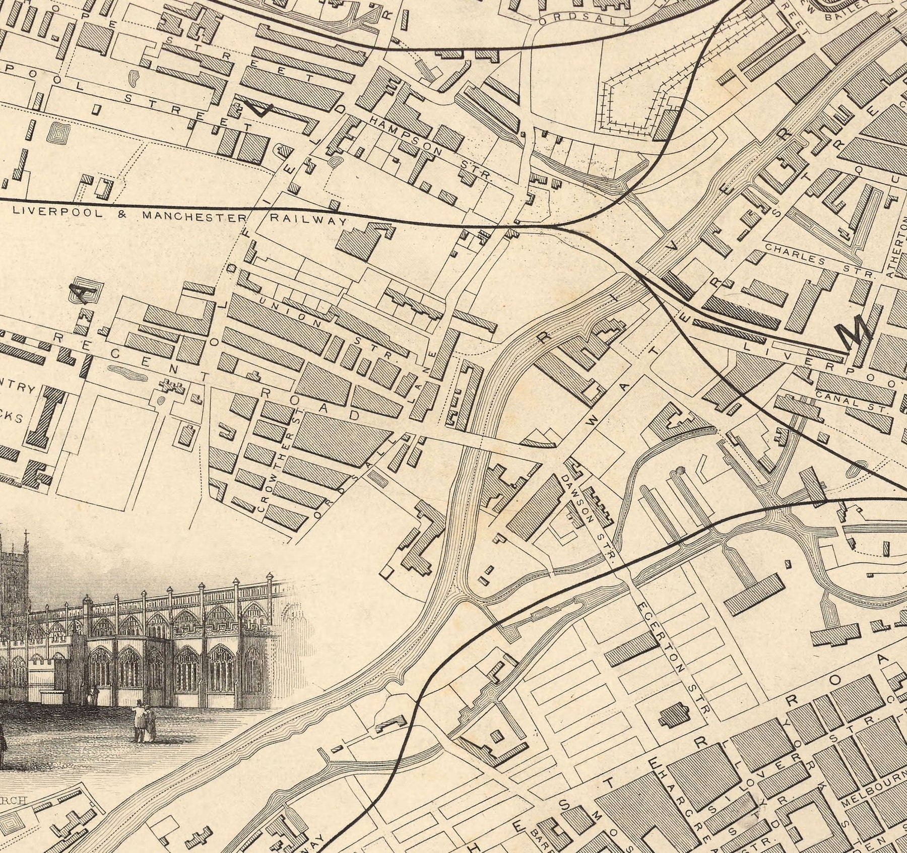 Manchester Two Rivers Map Old Map of Manchester and Environs by John Rapkin, 1851 - Town Hall, R ...