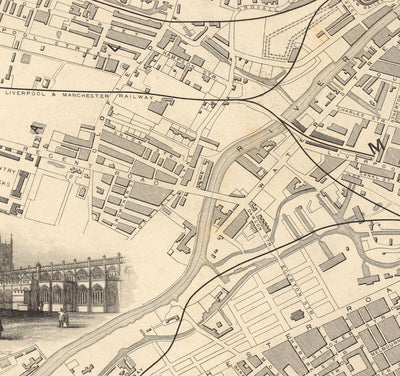 Antiguo mapa de Manchester y sus alrededores por John Rapkin, 1851 - Ayuntamiento, Royal Infirmary, estaciones de tren