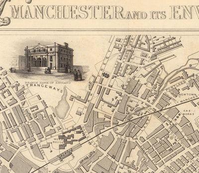 Ancienne carte de Manchester et de ses environs par John Rapkin, 1851 - Hôtel de ville, Infirmerie royale, gares ferroviaires