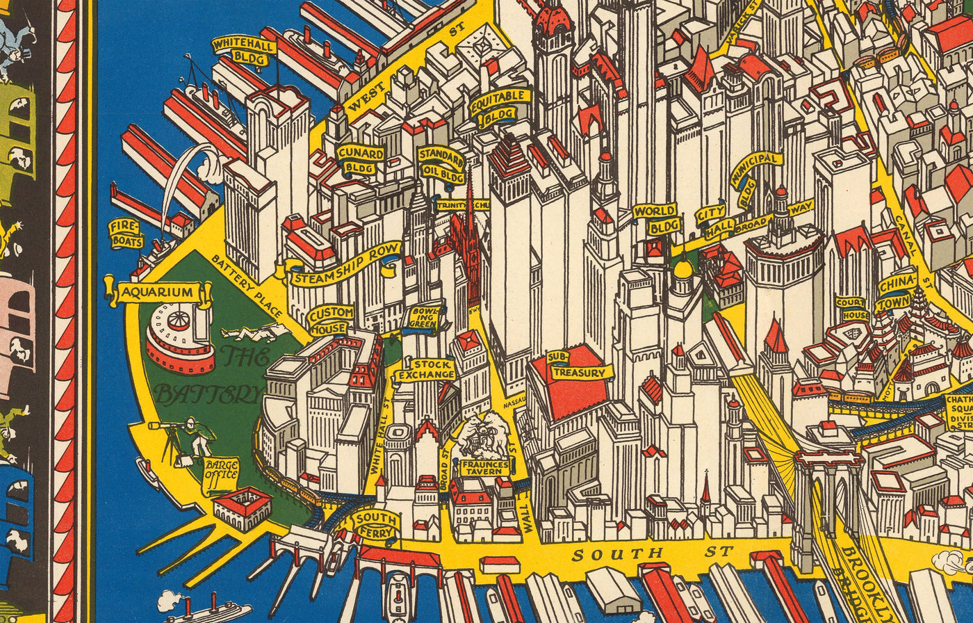 Viejo mapa pictórico de Manhattan, Ciudad de Nueva York, 1928 por Farrow - Washington Heights, Puentes