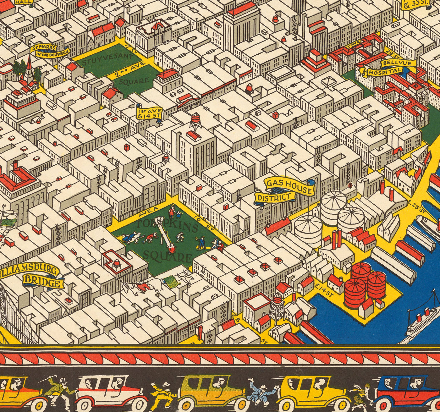 Alte bildliche Karte von Manhattan, New York City, 1928 von Farrow - Washington Heights, Brücken