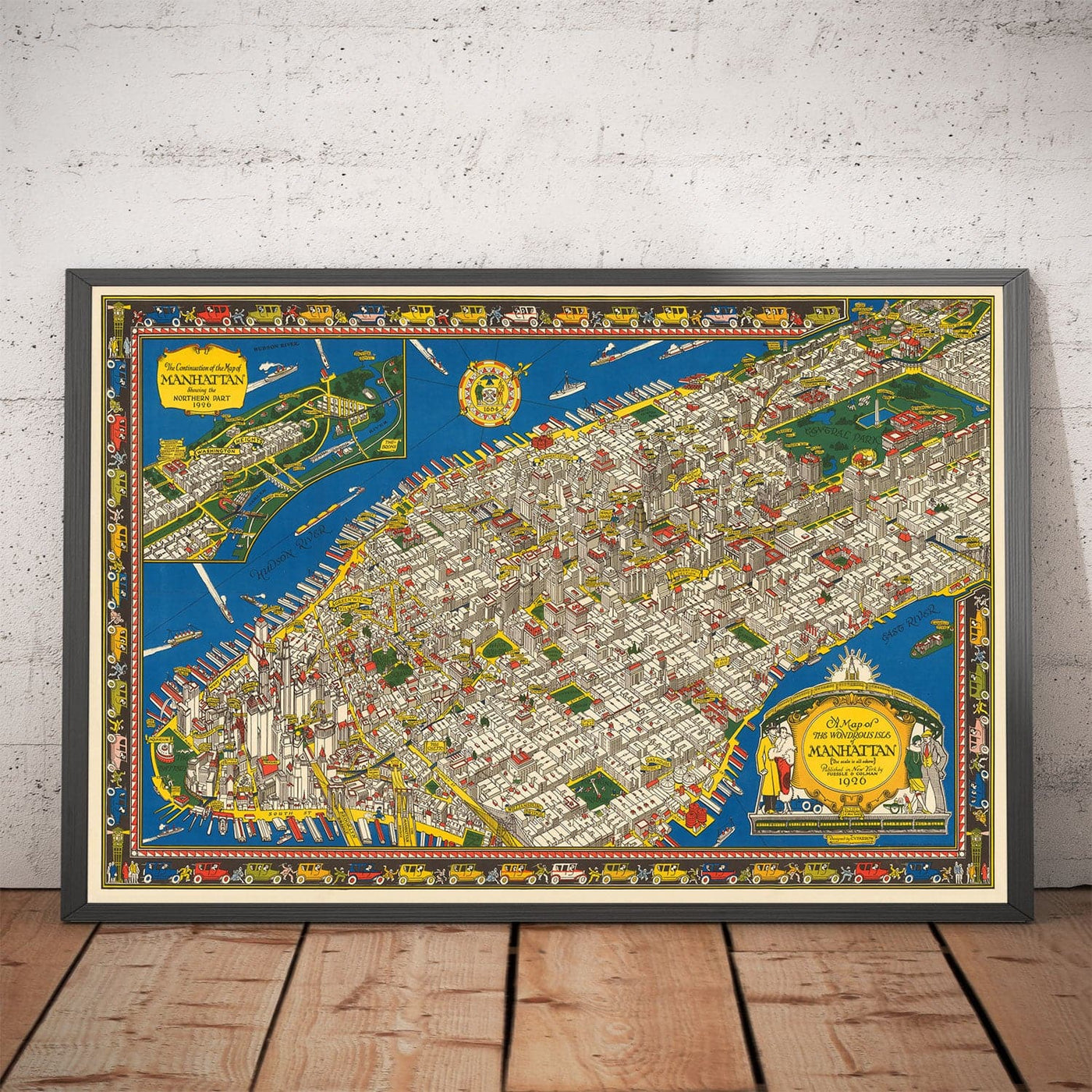 Ancienne carte pictoriale de Manhattan, New York City, 1928 de Farrow - Washington Heights, Ponts