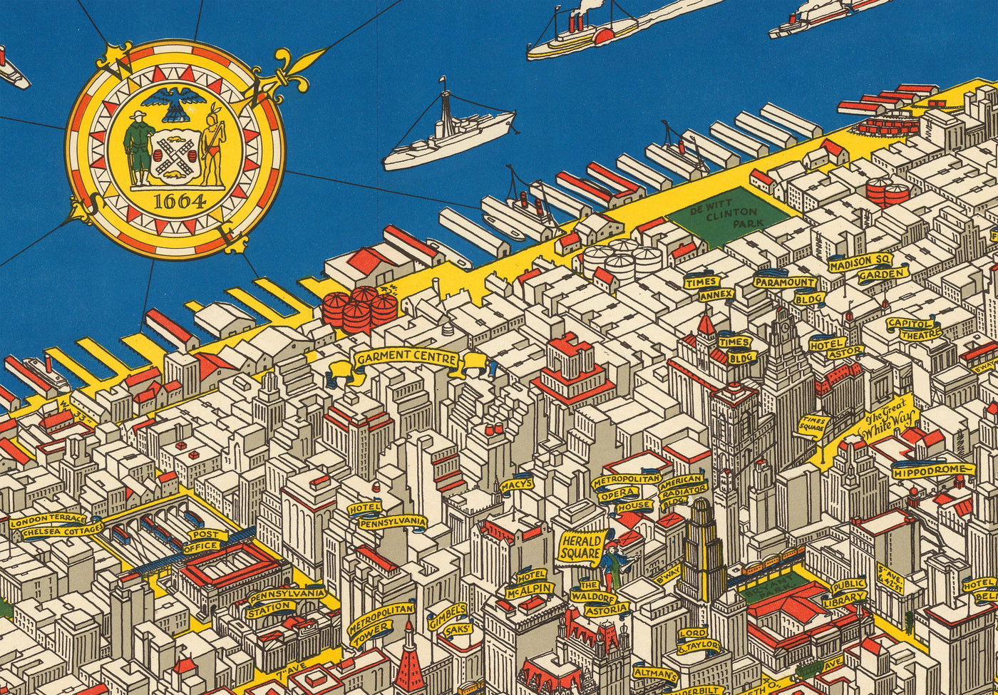Alte bildliche Karte von Manhattan, New York City, 1928 von Farrow - Washington Heights, Brücken