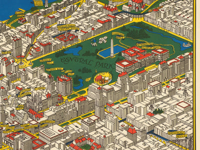 Viejo mapa pictórico de Manhattan, Ciudad de Nueva York, 1928 por Farrow - Washington Heights, Puentes