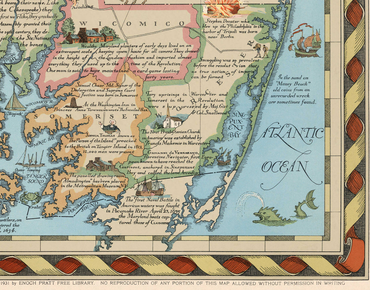 Antiguo mapa histórico de Maryland en 1931 por Edward Tunis - Baltimore, Annapolis, Frederick, St. Mary's County, Washington