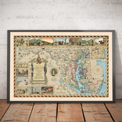 Antiguo mapa histórico de Maryland en 1931 por Edward Tunis - Baltimore, Annapolis, Frederick, St. Mary's County, Washington
