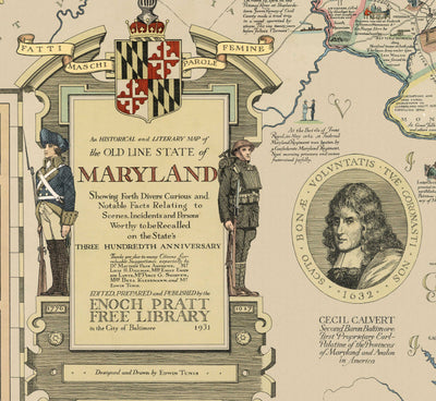 Old Historical Map of Maryland in 1931 by Edward Tunis - Baltimore, Annapolis, Frederick, St. Mary's County, Washington