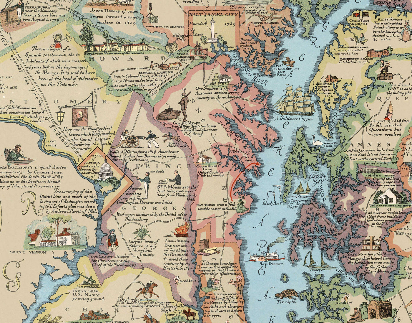 Ancienne carte historique du Maryland en 1931 par Edward Tunis - Baltimore, Annapolis, Frederick, St. Mary's County, Washington