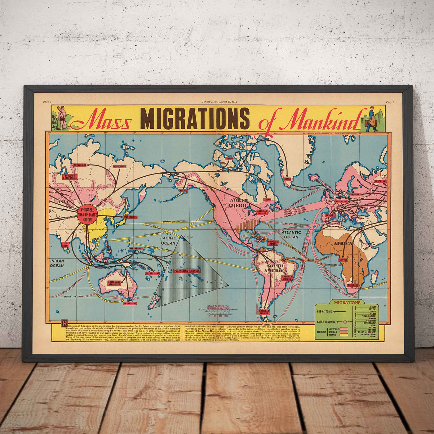 Antiguo mapa de las migraciones masivas de la humanidad, 1944 por Edwin Sundberg - Teoría del origen de Asia, comercio de esclavos, civilización prehistórica