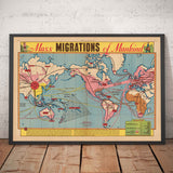 Old Map of Mass Migrations of Mankind, 1944 by Edwin Sundberg - Out of Asia Origin Theory, Slave Trade, Prehistoric Civilisation