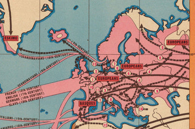 Ancienne carte des migrations de masse de l'humanité, 1944 par Edwin Sundberg - Théorie de l'origine extra-asiatique, traite des esclaves, civilisation préhistorique