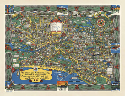 Ancienne carte de Melbourne, Victoria par John Power Studios, 1934 - Centre-ville, gare, parcs, zoo, plage, rivière Yarra