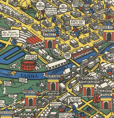 Mapa antiguo de Melbourne, Victoria por John Power Studios, 1934 - Centro de la ciudad, estación de tren, parques, zoológico, playa, río Yarra