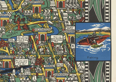 Alte Karte von Melbourne, Victoria von John Power Studios, 1934 - Stadtzentrum, Bahnhof, Parks, Zoo, Strand, Yarra River
