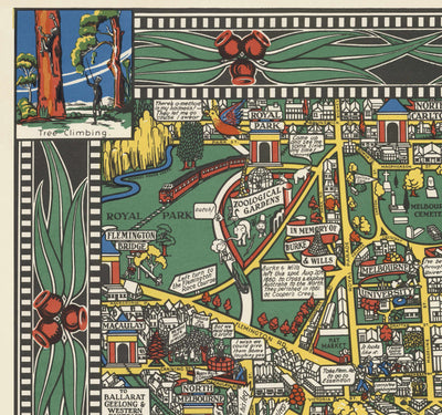 Mapa antiguo de Melbourne, Victoria por John Power Studios, 1934 - Centro de la ciudad, estación de tren, parques, zoológico, playa, río Yarra