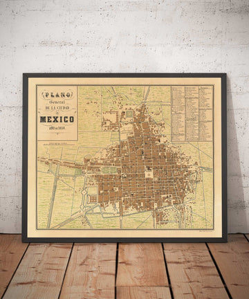 Old Map of Mexico City, 1858 - CDMX, Historic Center, Centro, Metropolitan Cathedral, Alameda Park