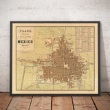 Alte Karte von Mexiko-Stadt, 1858 - CDMX, Historisches Zentrum, Centro, Metropolitankathedrale, Alameda-Park 