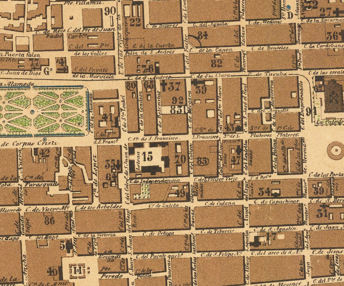 Alte Karte von Mexico City, 1858 - CDMX, Historisches Zentrum, Centro, Metropolitan Cathedral, Alameda Park