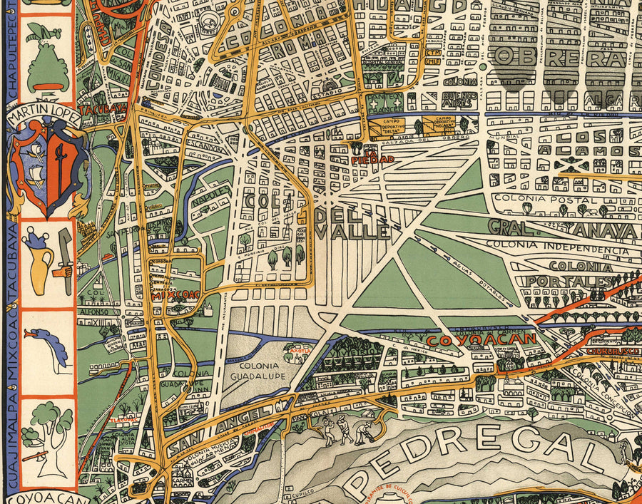 Mappa antica di Città del Messico nel 1932 di Emily Edwards - Tacubaya, Roma, Peralvillo, Coyoacan, Colonia Obrera 