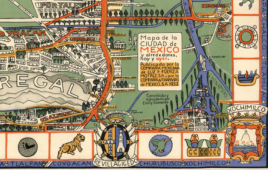Mappa antica di Città del Messico nel 1932 di Emily Edwards - Tacubaya, Roma, Peralvillo, Coyoacan, Colonia Obrera 