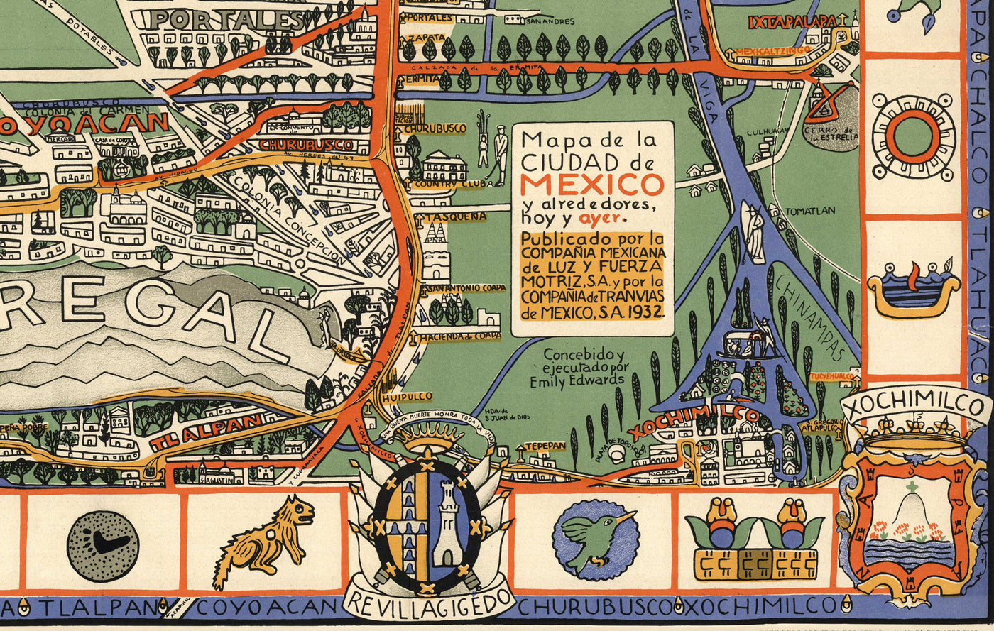 Ancienne carte de Mexico en 1932 par Emily Edwards - Tacubaya, Roma, Peralvillo, Coyoacan, Colonia Obrera