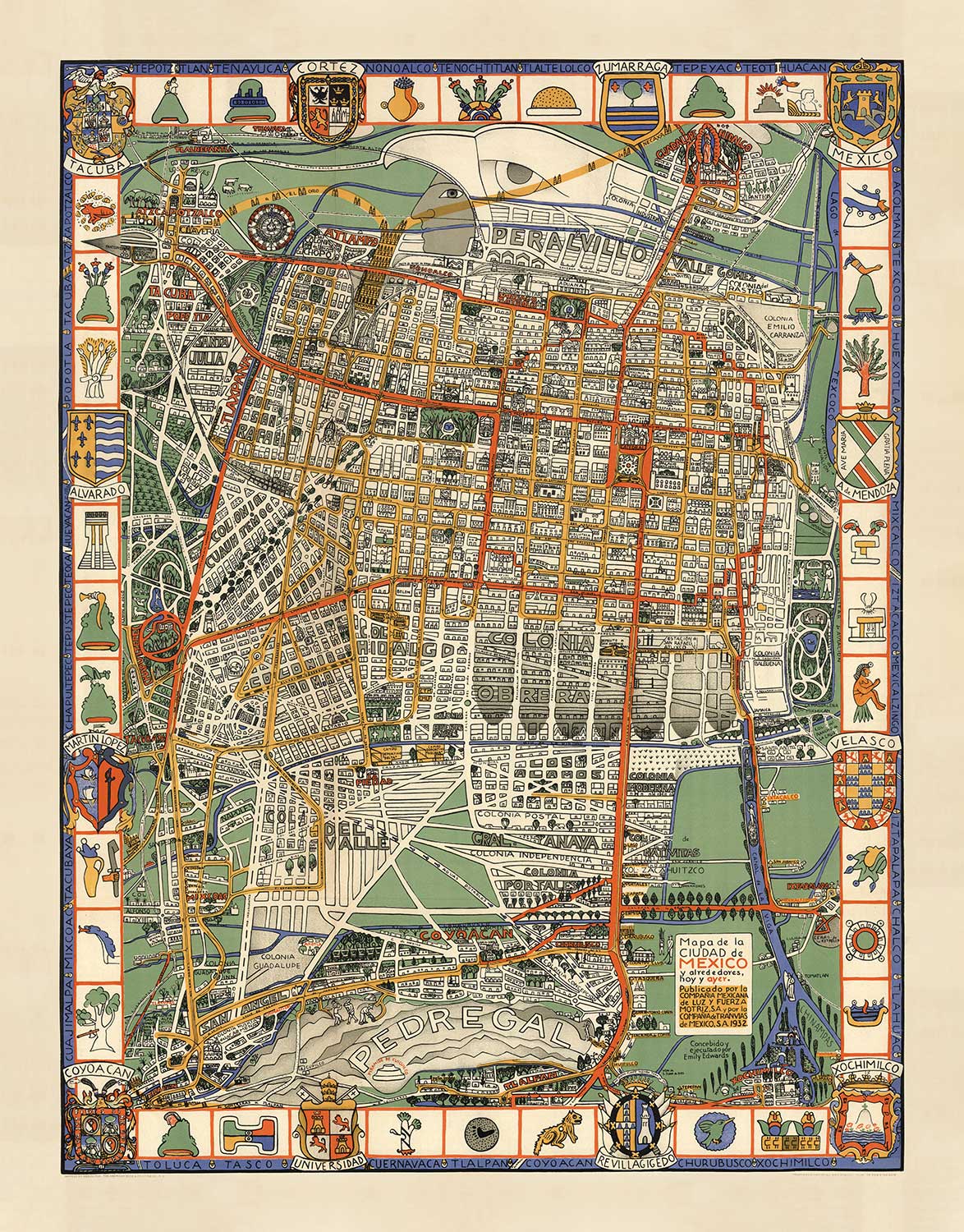 Mapa antiguo de la Ciudad de México en 1932 por Emily Edwards - Tacubaya, Roma, Peralvillo, Coyoacán, Colonia Obrera