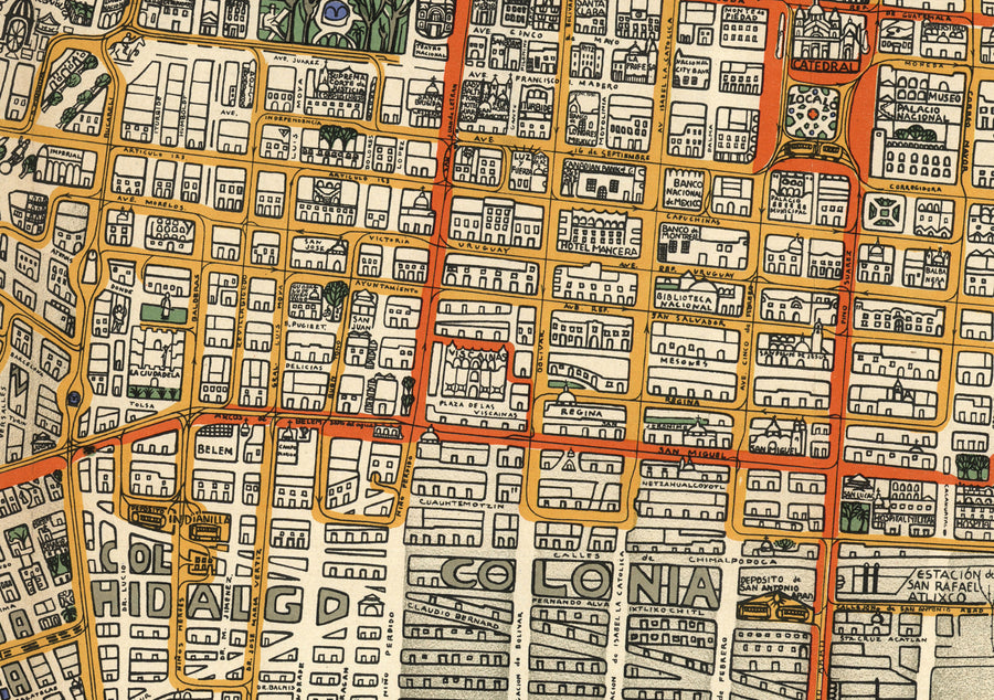 Mappa antica di Città del Messico nel 1932 di Emily Edwards - Tacubaya, Roma, Peralvillo, Coyoacan, Colonia Obrera 