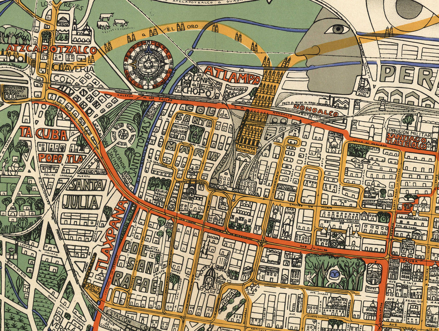Alte Karte von Mexiko-Stadt im Jahr 1932 von Emily Edwards - Tacubaya, Roma, Peralvillo, Coyoacan, Colonia Obrera
