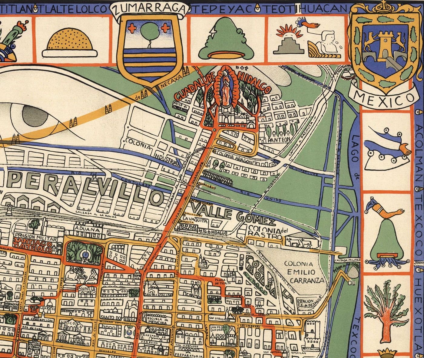 Mapa antiguo de la Ciudad de México en 1932 por Emily Edwards - Tacubaya, Roma, Peralvillo, Coyoacán, Colonia Obrera
