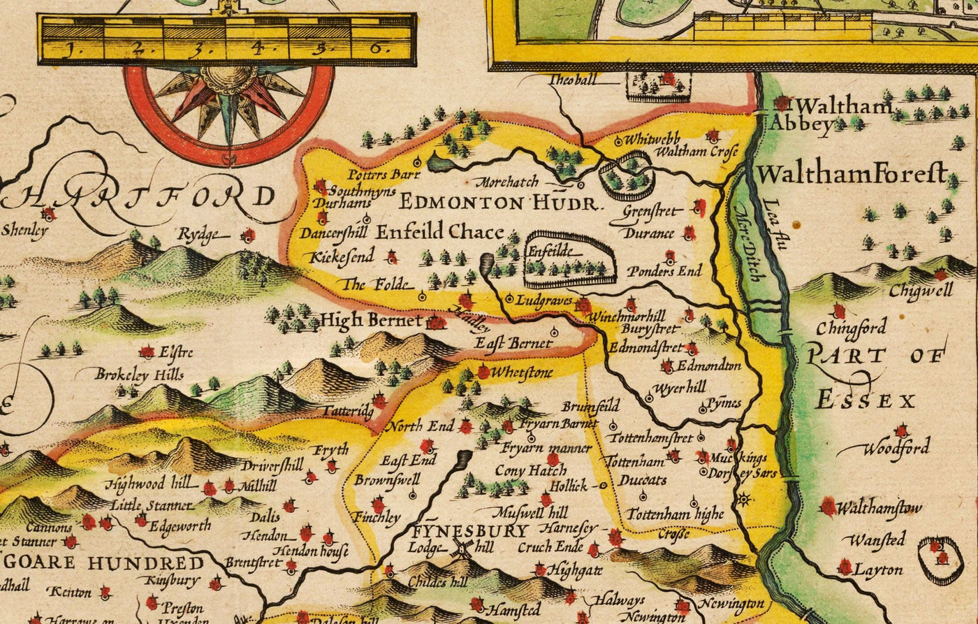 Alte Karte von Middlesex im Jahre 1611 von John Speed ​​- West London, Nord-London, Westminster