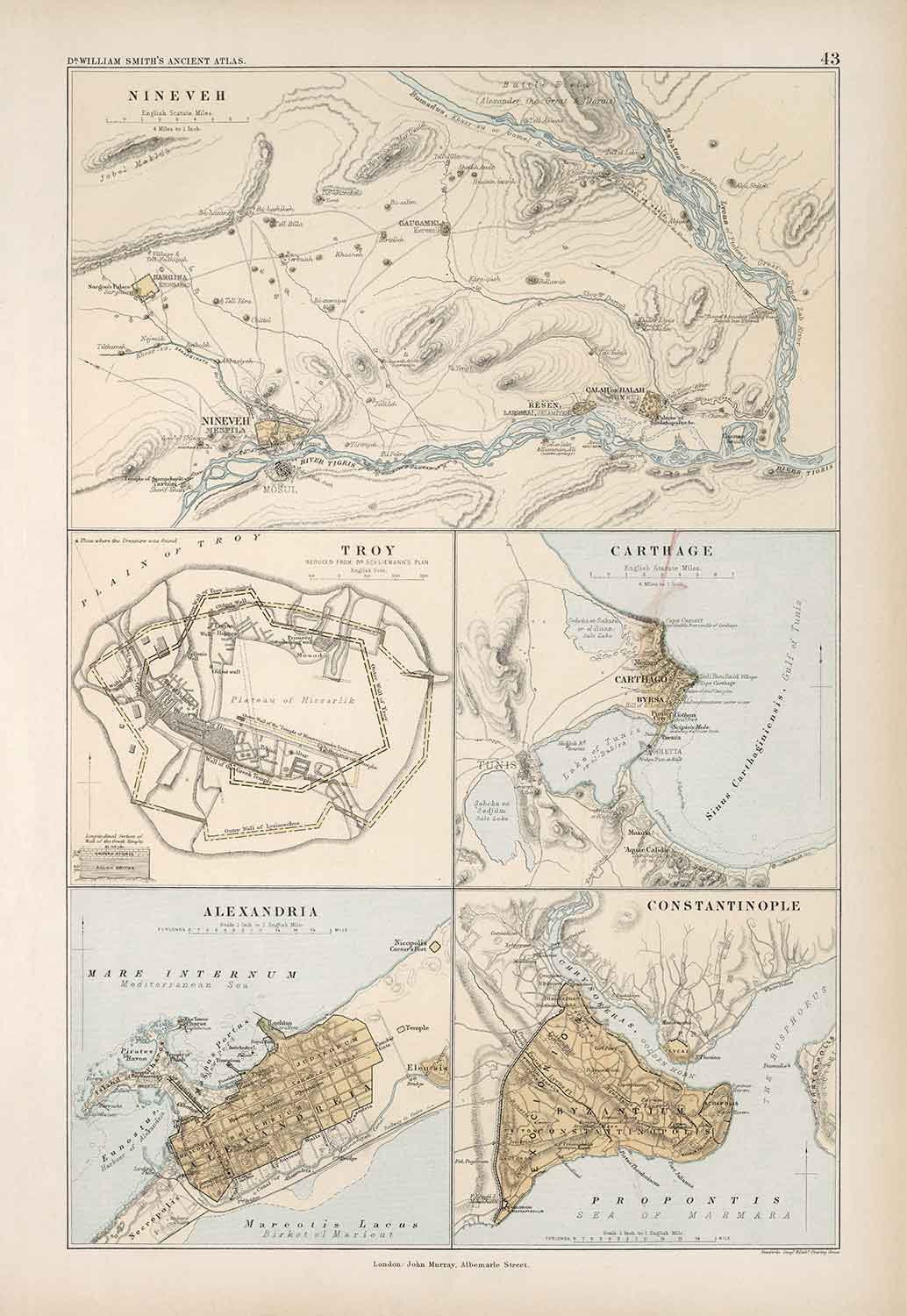Carte ancienne des villes anciennes d'Afrique du Nord et du Moyen-Orient, 1874 par Smith - Troie, Carthage, Ninive, Constantinople, Alexandrie