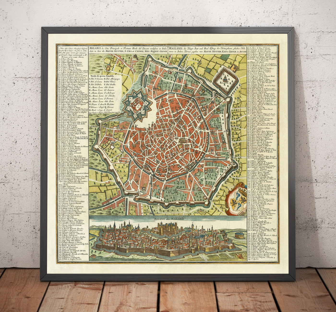 Alte Karte von Mailand, Italien im Jahr 1730 von Seutter - San Carlo al Lazzaretto, Schloss Sforzesco, Dom, Basilica di Sant'Ambrogio, Pinacoteca di Brera