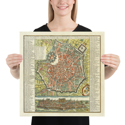 Mapa antiguo de Milán, Italia en 1730 por Seutter - San Carlo al Lazzaretto, Castillo Sforzesco, Duomo, Basílica di Sant'Ambrogio, Pinacoteca di Brera