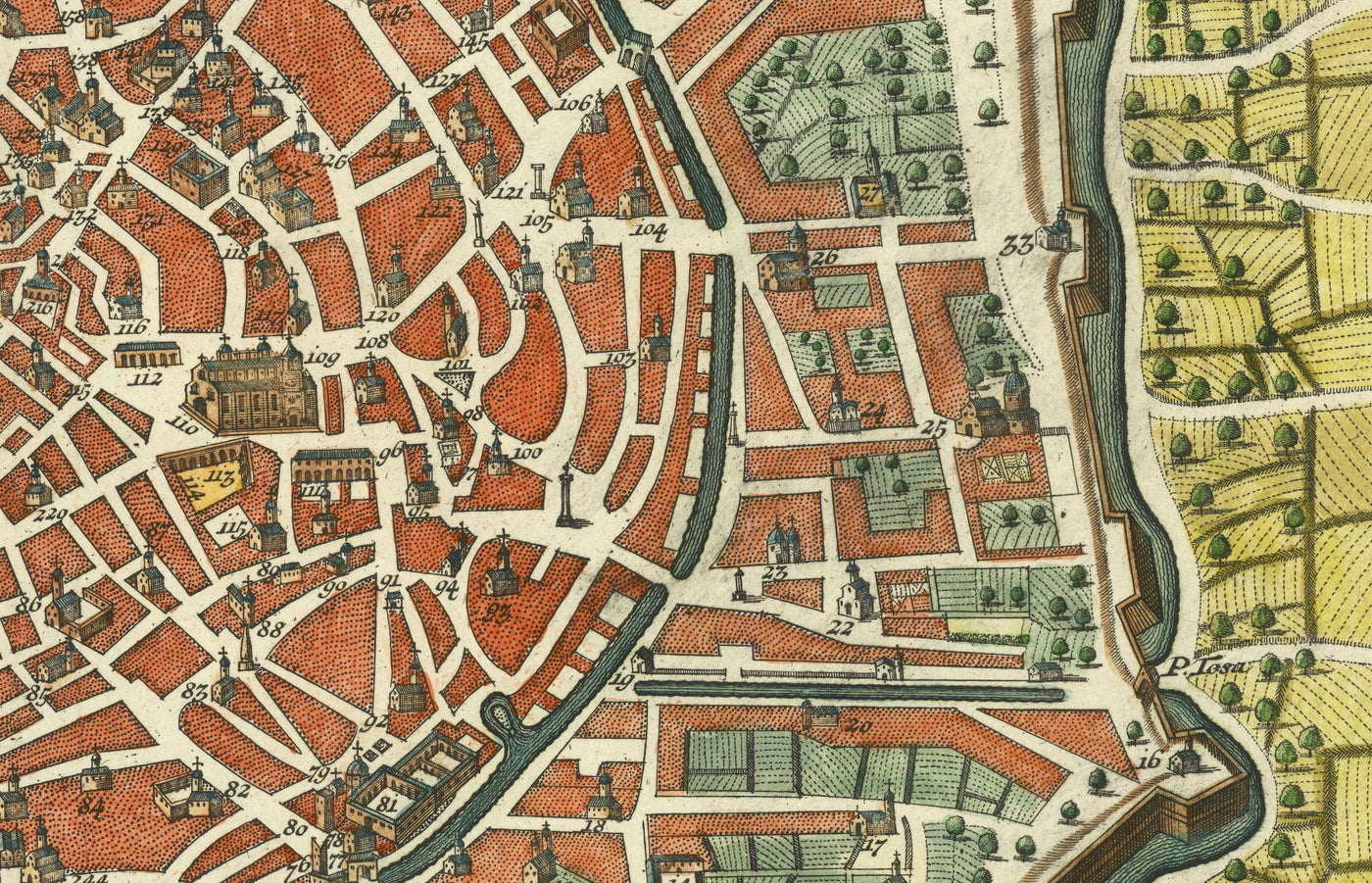 Mapa antiguo de Milán, Italia en 1730 por Seutter - San Carlo al Lazzaretto, Castillo Sforzesco, Duomo, Basílica di Sant'Ambrogio, Pinacoteca di Brera