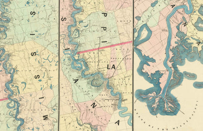 Antiguo mapa del río Mississippi, 1863 por JT Floyd - Mapa de la franja desde San Luis hasta el Golfo de México