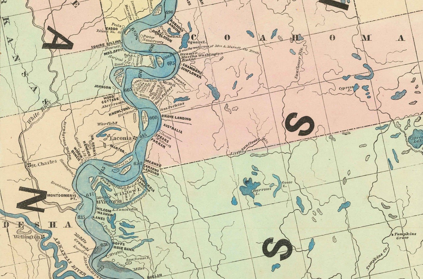 Antiguo mapa del río Mississippi, 1863 por JT Floyd - Mapa de la franja desde San Luis hasta el Golfo de México