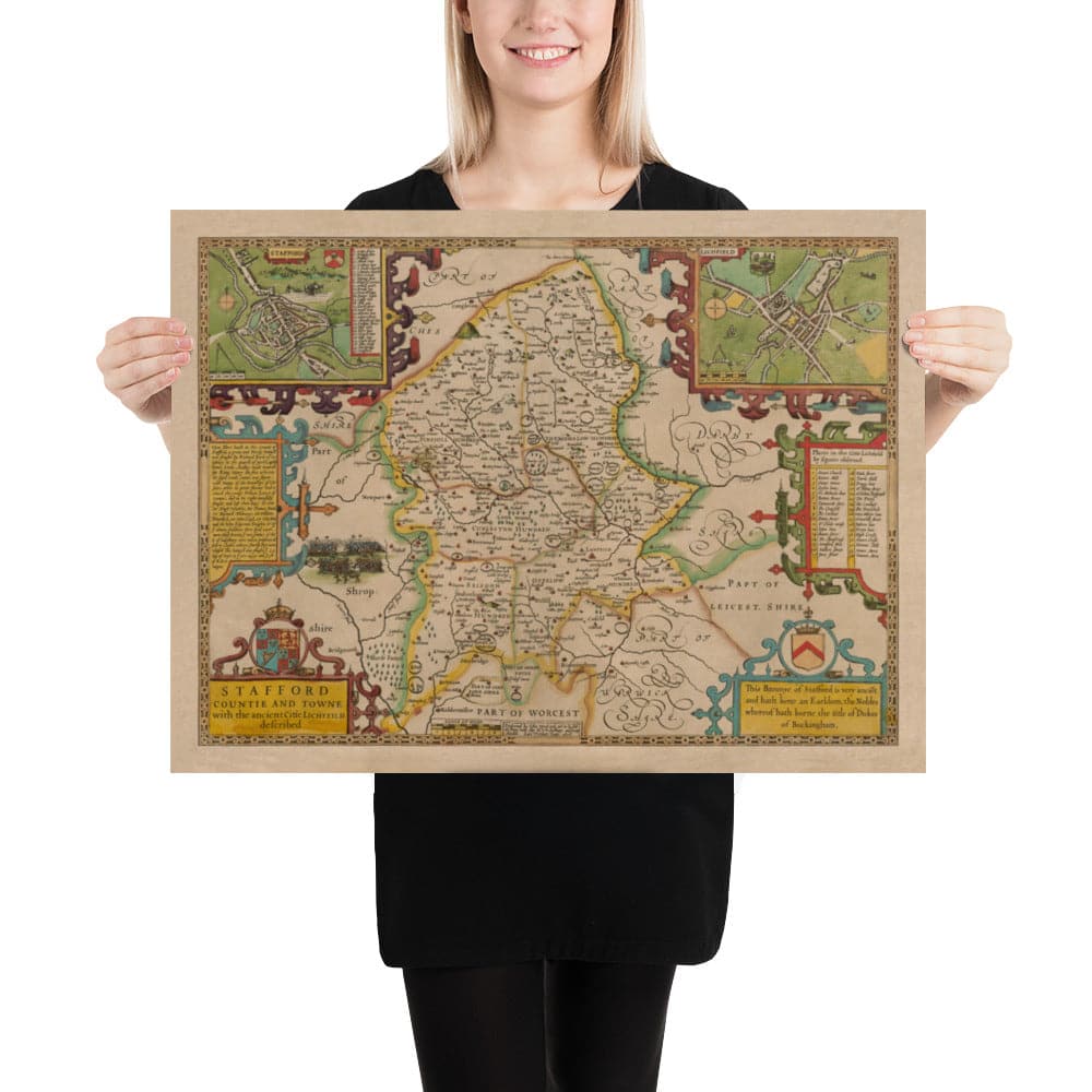 Mapa antiguo de Staffordshire, 1611 de John Speed ​​- Stafford, Wolverhampton, Stoke-On-Trent, Lichfield, Birmingham, Dudley, Walsall