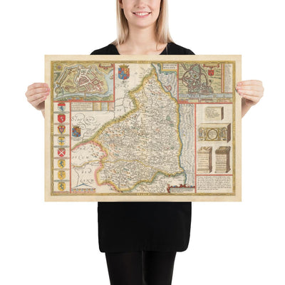 Ancienne carte de Northumberland en 1611 par John Vitesse - Newcastle, Gateshead, Wall de Hadrian, Tyne et Wear