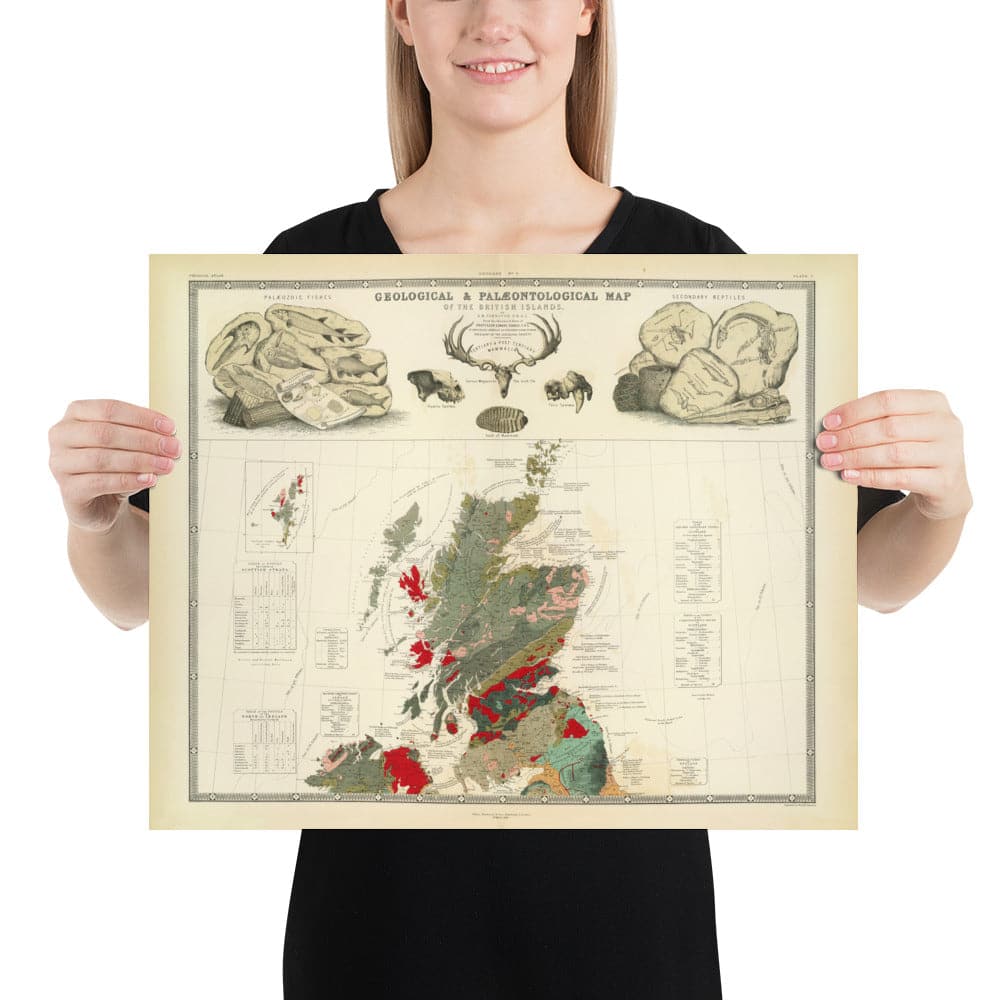 Alte Geologie- und Paläontologiekarte von Schottland, 1854, von A.K. Johnston und Edward Forbes - Seltene Fossilien-Wandtafel