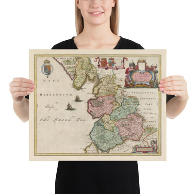 Mapa antiguo de Lancashire, 1611 de Joan Blaeu - Manchester, Liverpool, Preston, Blackburn