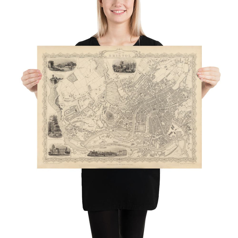 Mappa antica di Bristol nel 1851 di Tallis & Rapkin - Clifton, Temple Meads, Castle, Redcliffe 